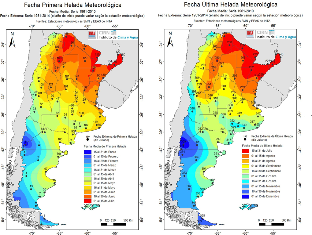 Figura1. Fechas medias de primera (izquierda) y última (derecha) helada para el periodo comprendido entre 1961 y 2010. Fuente: Sistema de información de clima y agua del Instituto Nacional de Tecnología Agropecuaria - INTA.
