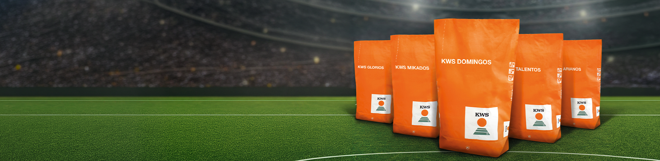 Sacs d'engrais orange avec le logo KWS sur un terrain de football. Les sacs sont alignés sur le gazon.