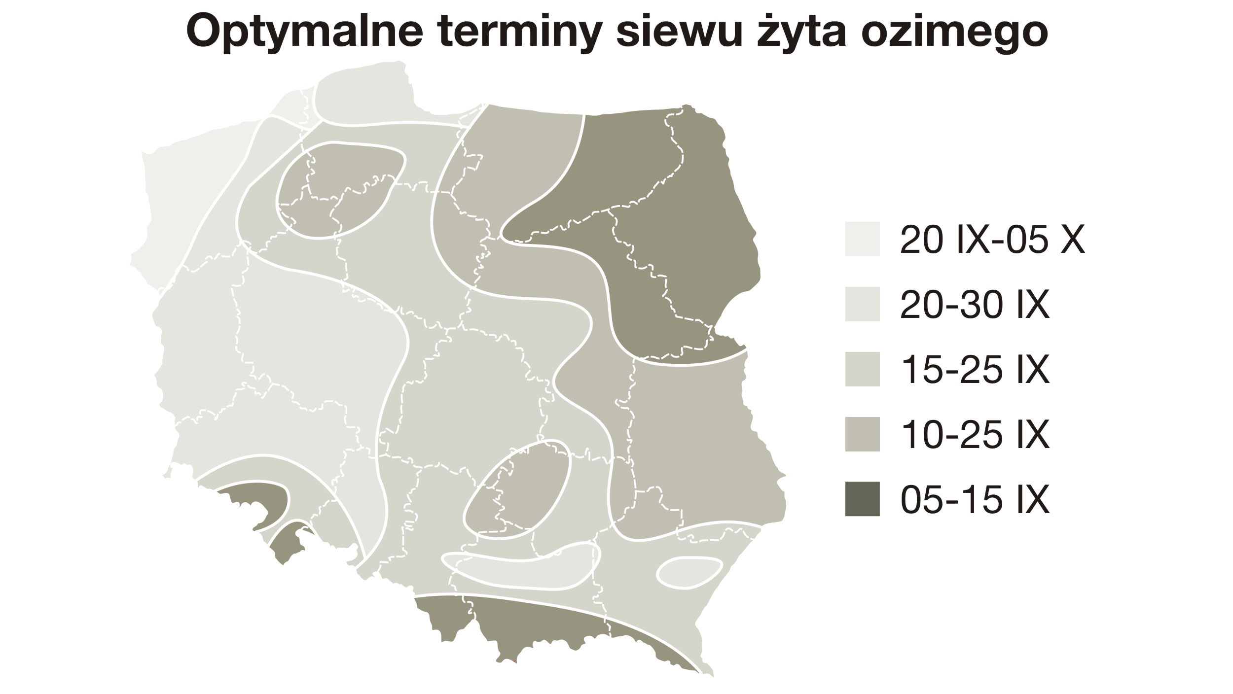 Termin siewu żyta ozimego w Polsce, według Instytut Uprawy Nawożenia i Gleboznastwa w Puławach