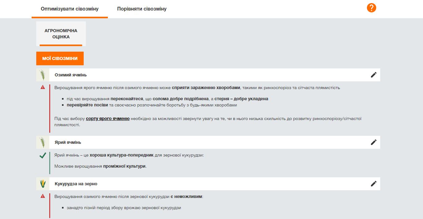 Агрономічна оцінка обраної сівозміни у Crop Manager