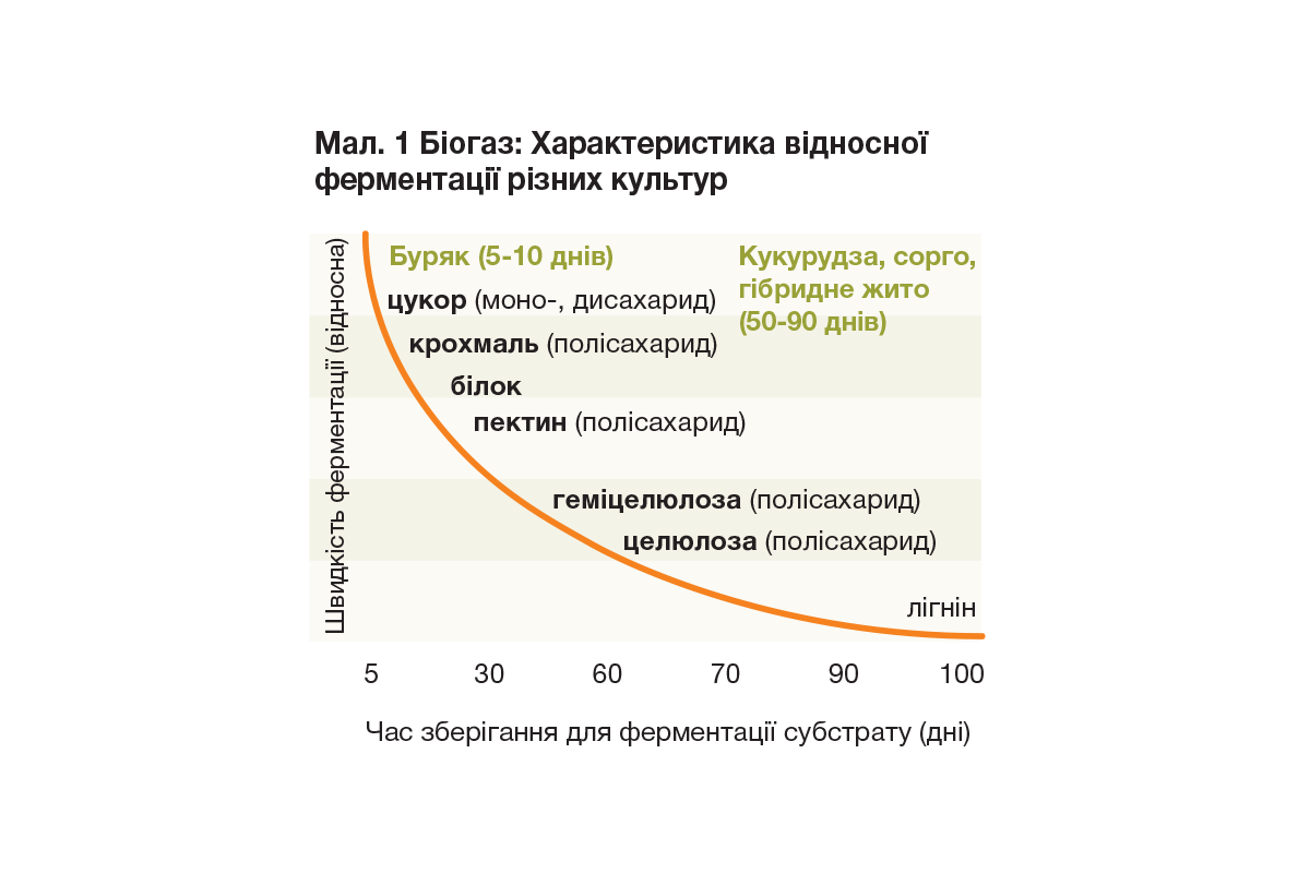 Мал. 1. Біогаз: Характеристика відносної ферментації різних культур (Джерело даних: KWS SAAT AG)